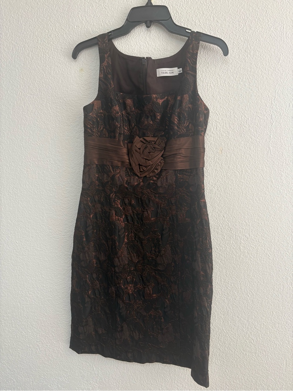 Teri Jon Brown Brocade Midi Sheath Dress with Rosette Waist